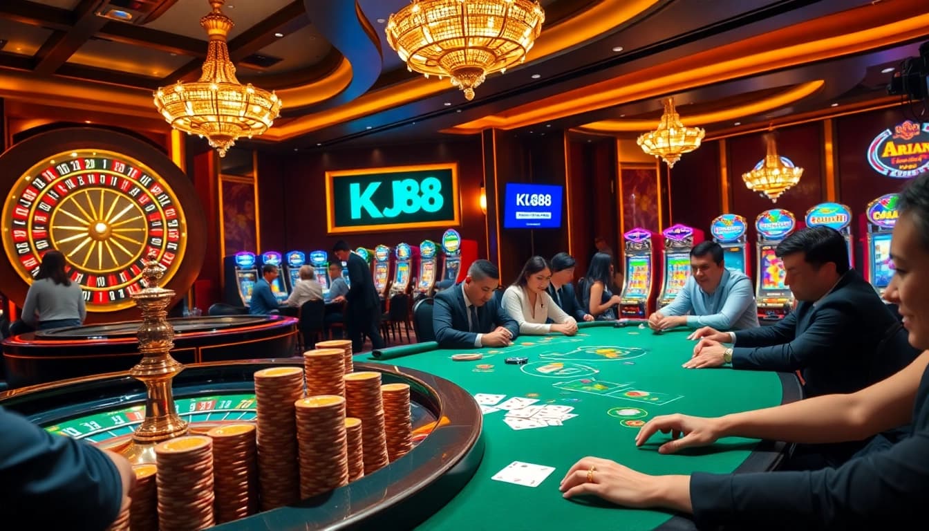 Experience the luxury of KJC RR88 in a modern casino setting with poker tables and vibrant slot machines.