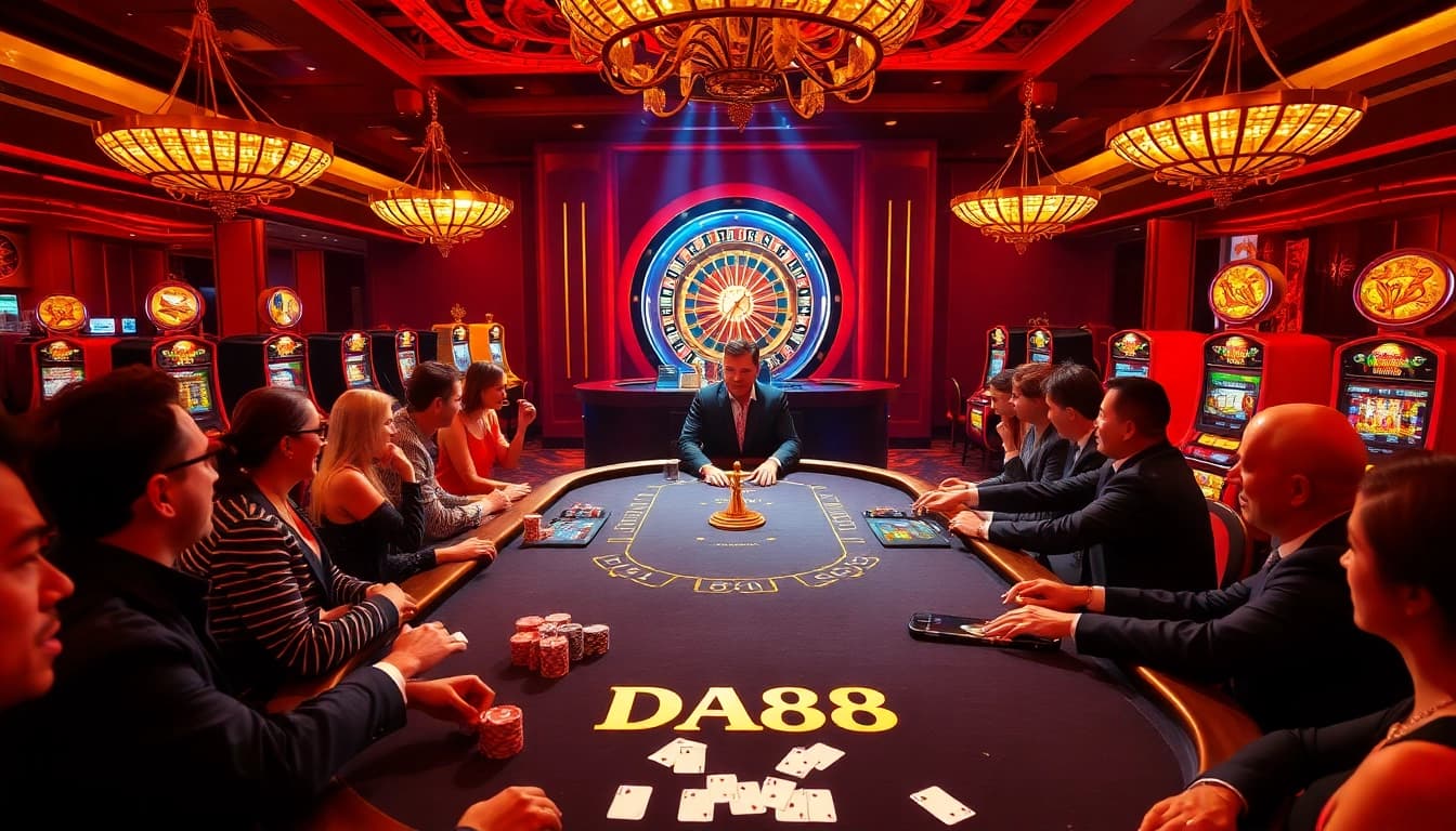 Exciting poker game at casino showcasing DA88 elements with chips and cards.