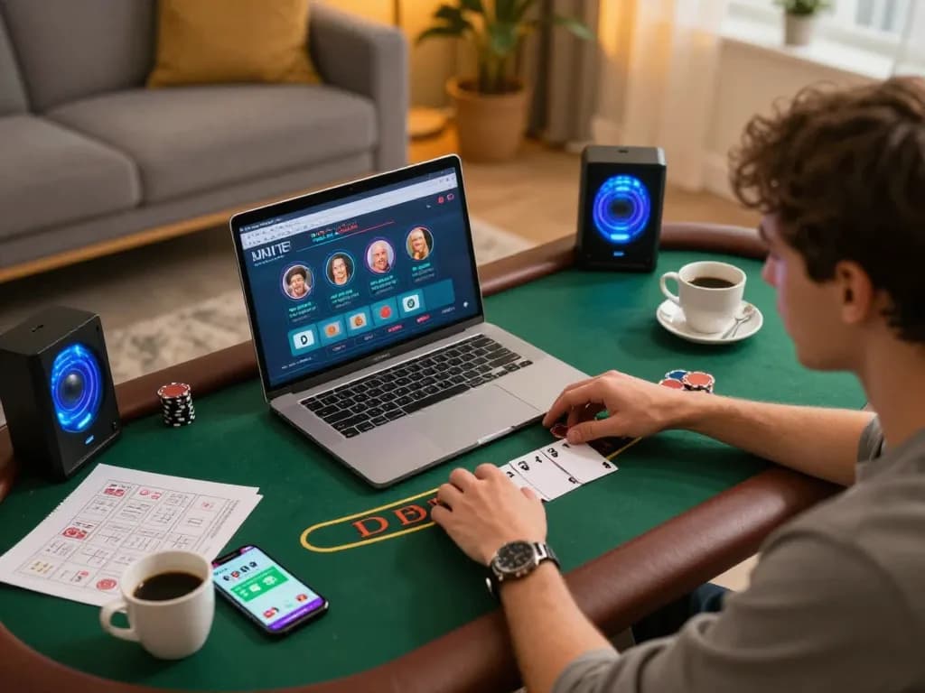 Man88 player contemplating strategy while playing blackjack online in a cozy environment.