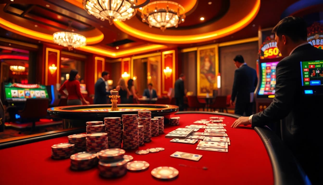 S666 thrilling casino experience with poker chips and roulette wheel showcasing excitement.