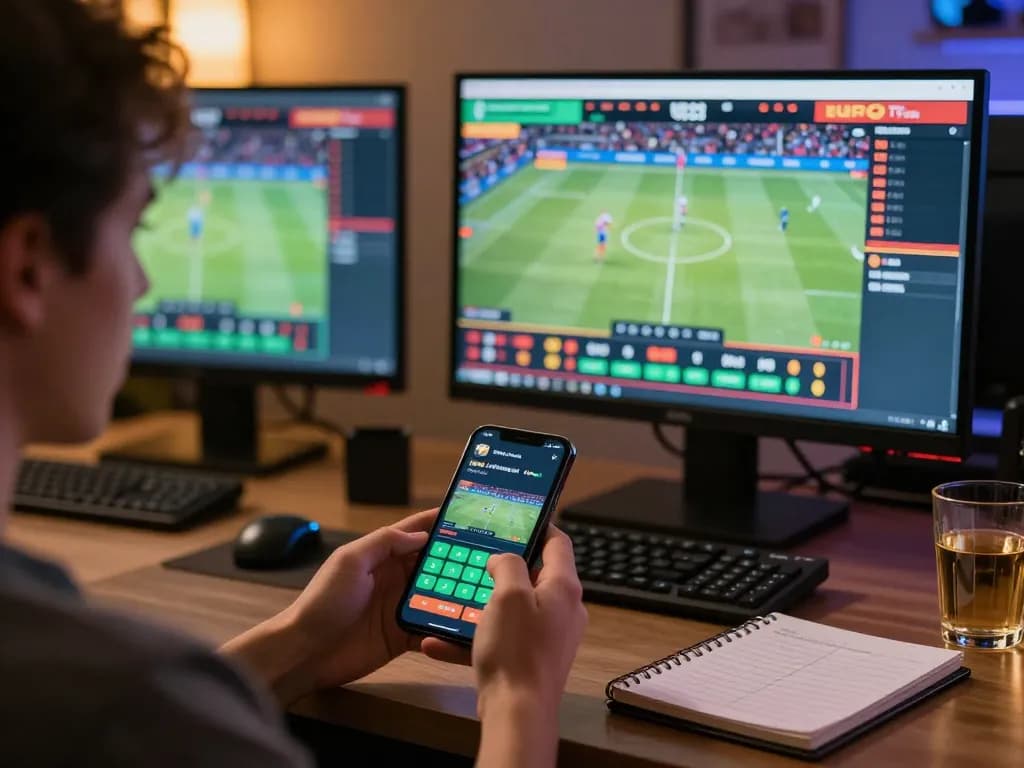 Betting on kp88 with multiple screens showing live sports and betting odds in a cozy workspace.