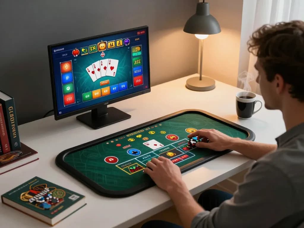 Player enjoying a sunwin online casino game on tablet in cozy home office.