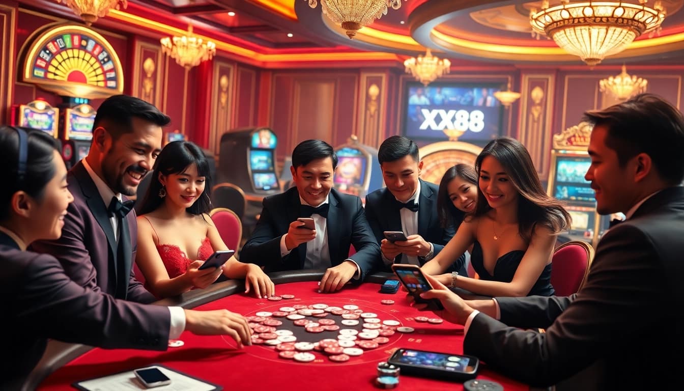 Excited gamblers enjoying various games at XX88's luxurious casino, featuring vibrant slot machines and poker tables.