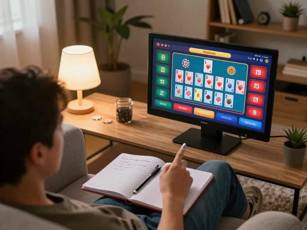 Engaging in online casino gaming using Link LODE88 on a tablet, showcasing colorful betting interface and strategic notes.