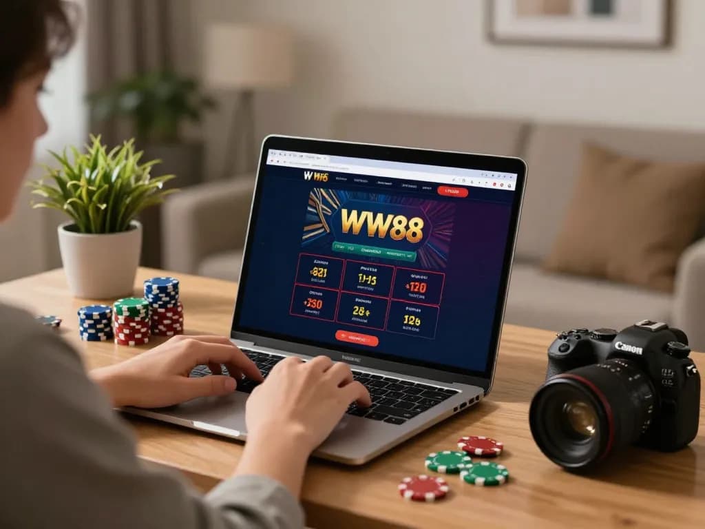 Engaging in online casino gaming at WW88, showcasing a modern home setup and strategic gameplay.