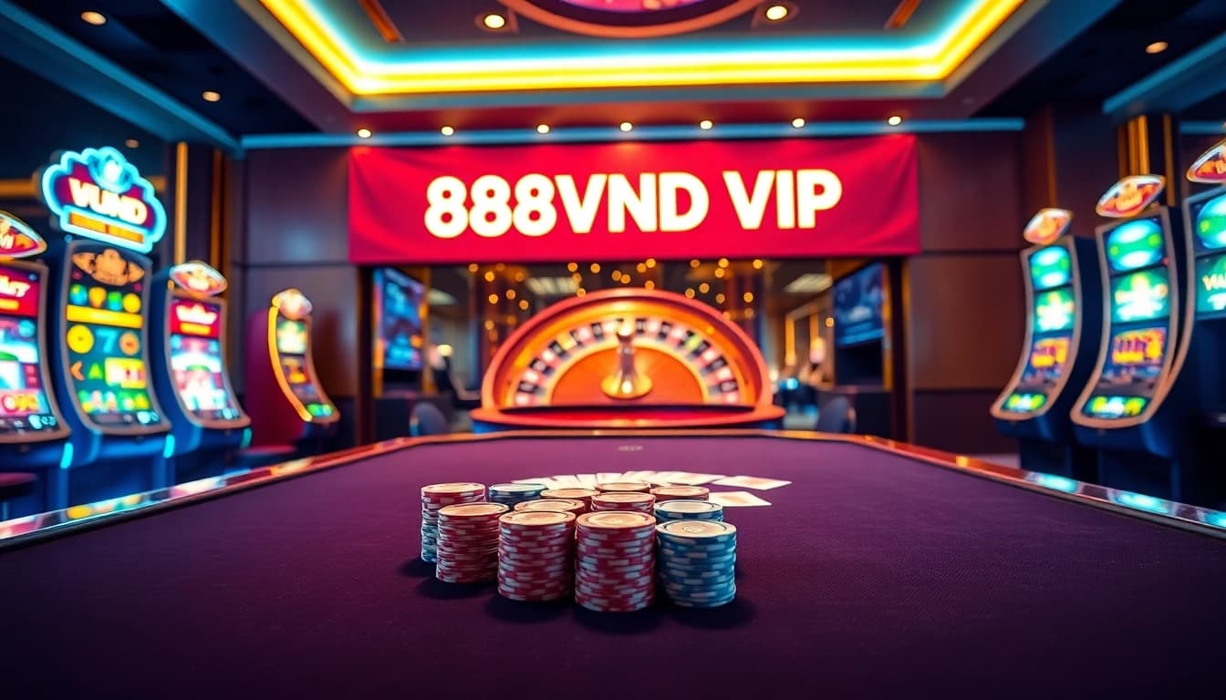 Exciting casino scene showcasing 888VND VIP atmosphere with poker, slots, and roulette.