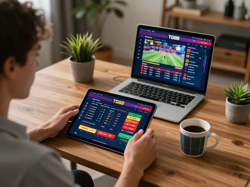 Player using the TG88 betting app on tablet for exciting sports betting action in home setting