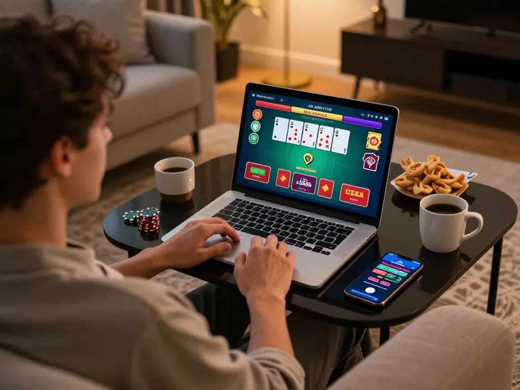 Engaging in Situs Casino online blackjack gameplay from a cozy home setting during evening.