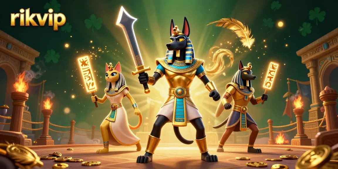 Experience the thrilling world of rikvip with Anubis and Bastet in an action-packed casino scene.