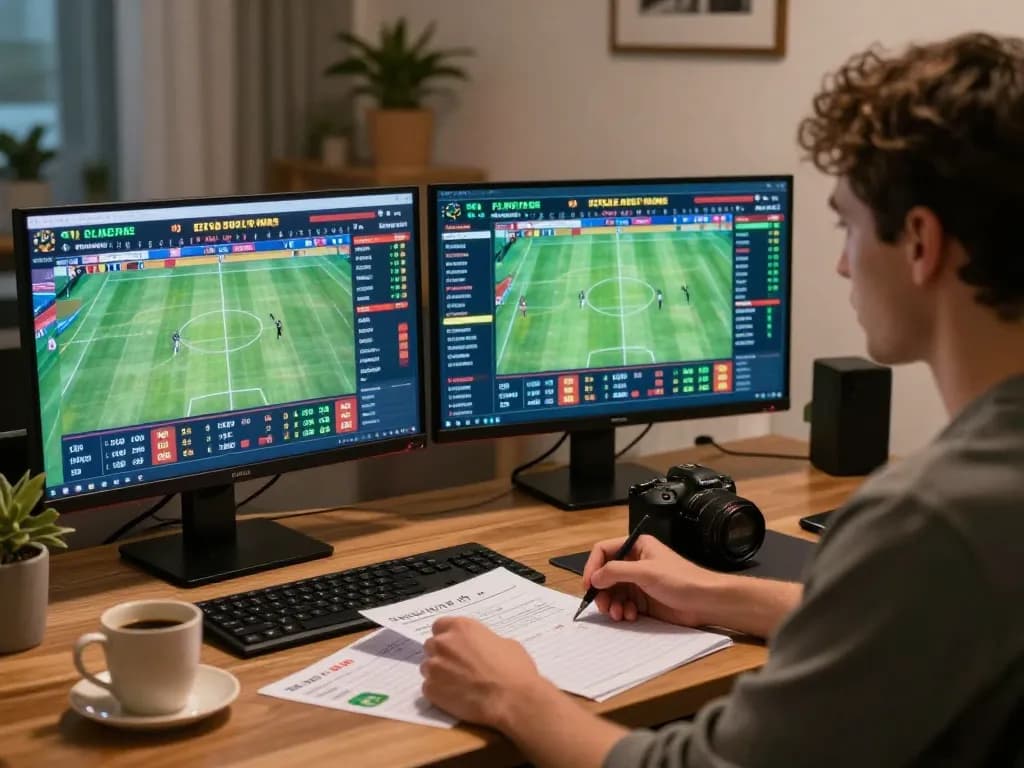 Engaged sports betting with keonhacai5 in a modern home office, focused on live odds and strategies.