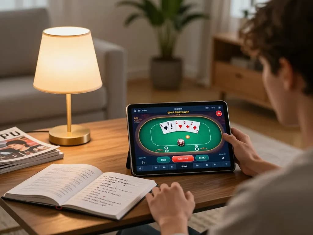 Player enjoying rikvip's online casino games on tablet in a cozy home environment with strategic notes visible.