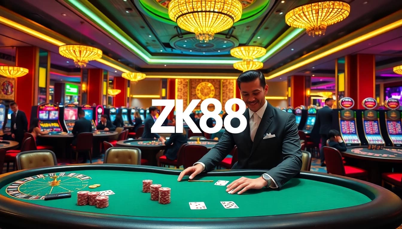 ZK88 players winning big at vibrant casino tables with poker chips and cards.