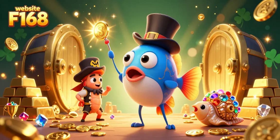 Engage in thrilling gaming at website F168 with this vibrant 3D casino-themed illustration showcasing exciting characters and golden treasures.