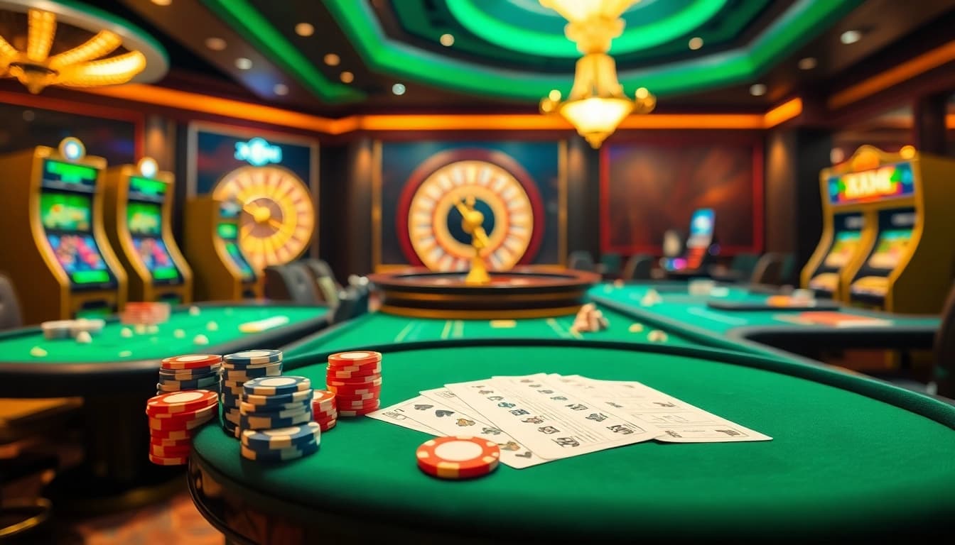 Experience thrilling gameplay with xx88 at luxurious casino tables featuring vibrant chips and exciting games.
