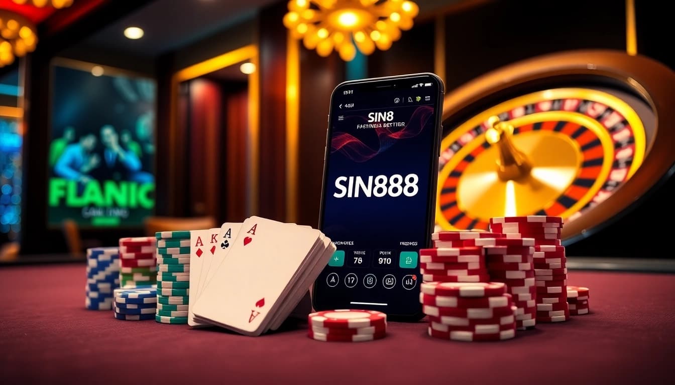 Engaging scene of a luxurious casino with a focus on SIN88 betting interface and poker elements.