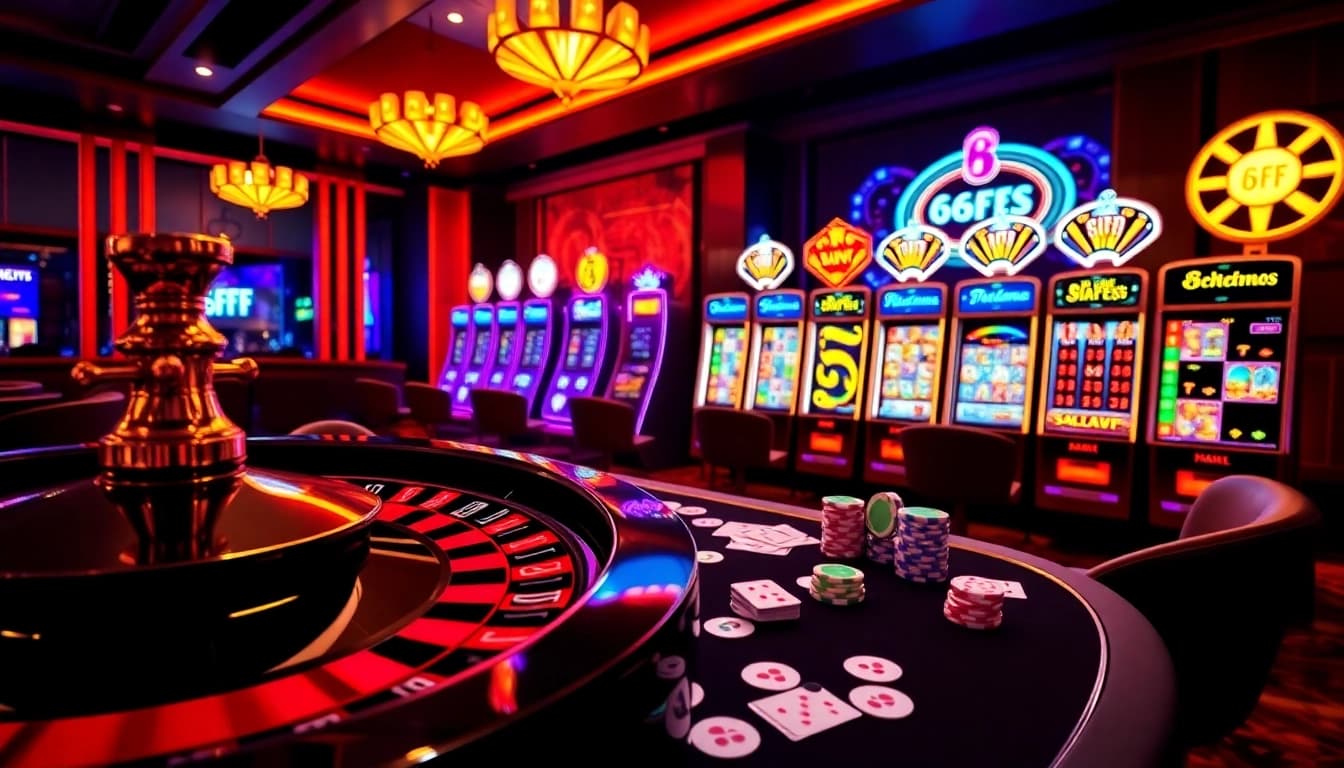 Experience 6FF's excitement with a lively casino scene showcasing poker chips, cards, and roulette.