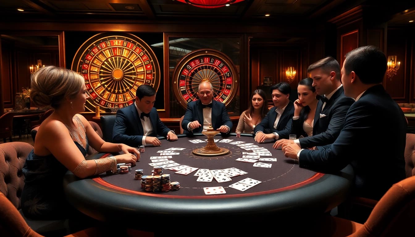 Players enjoy a thrilling round of poker at SC88's luxurious casino, illuminated by dazzling lights.