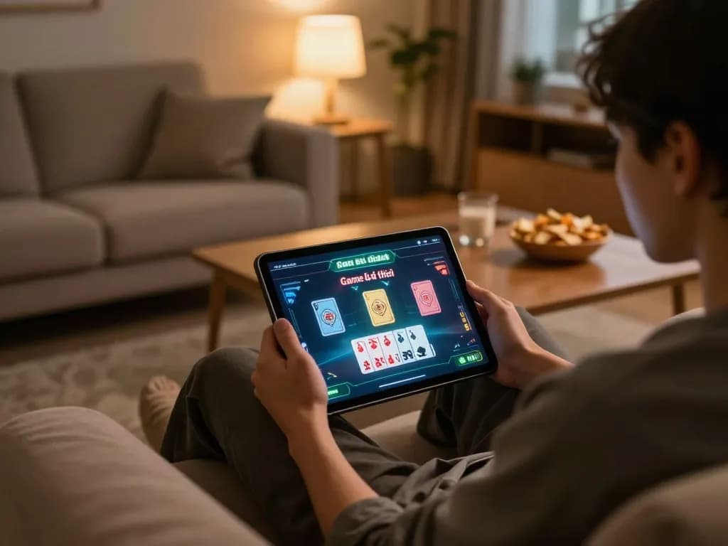 Engaging in a Game bài đổi thưởng online on a tablet at home, showcasing a social gaming environment.