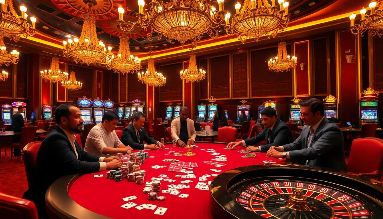 Experience the thrill of gambling at Newphim with vibrant poker chips and an exciting casino atmosphere.