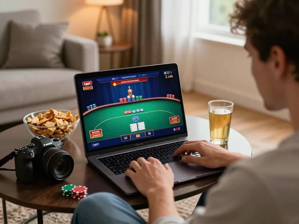 Engaged player enjoying luckywin trang chủ poker game from a cozy home setting, showcasing responsible gambling.