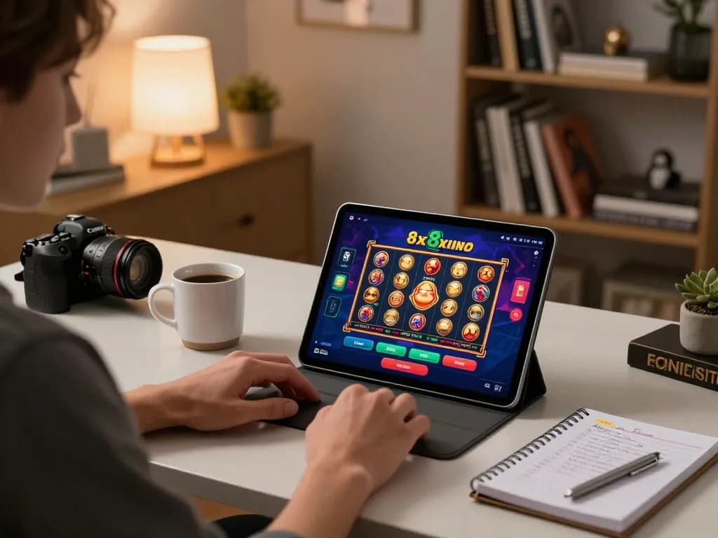 Engaging with 8xbet casino app in a cozy home gaming setup, warm lighting enhancing the atmosphere