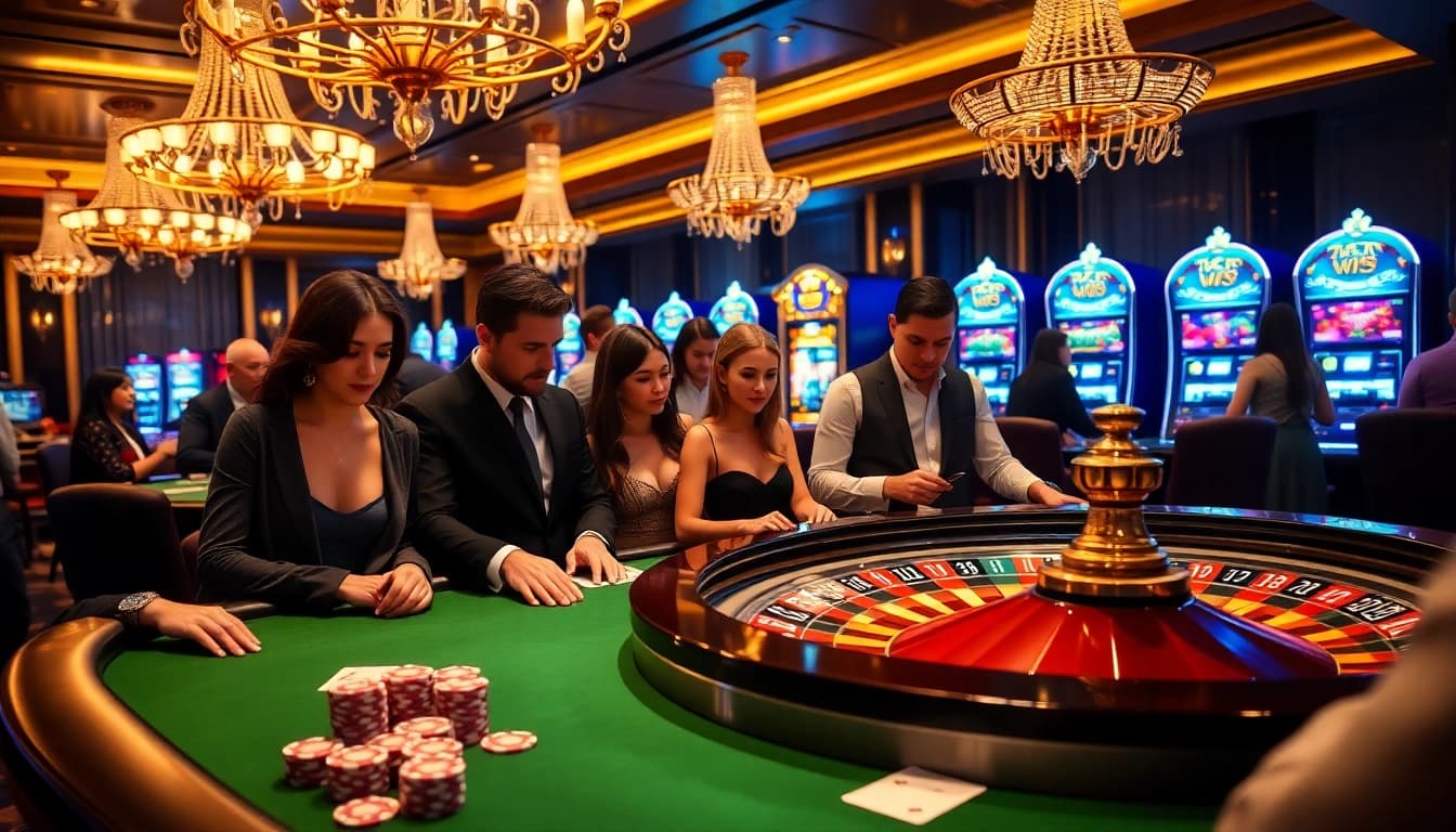 Experience the thrill of gambling at https://go99t.uk.com/, showcasing an elegant casino atmosphere with poker and slot games.