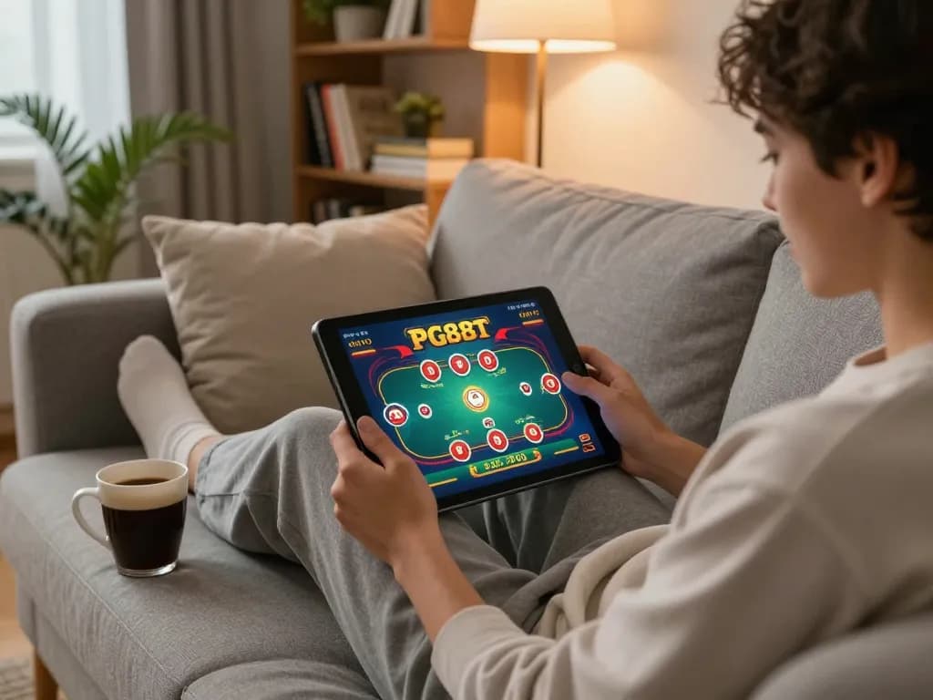 Engaging online gaming session on PG88 trang chu dang nhap, showcasing a player immersed in poker on a tablet.