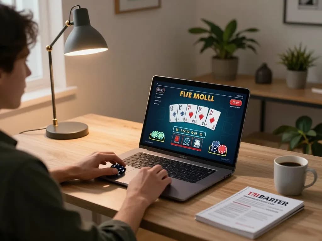 Engaging with live dealer games on https://99win.actor/ from a cozy home office setup, emphasizing responsible casino gaming.