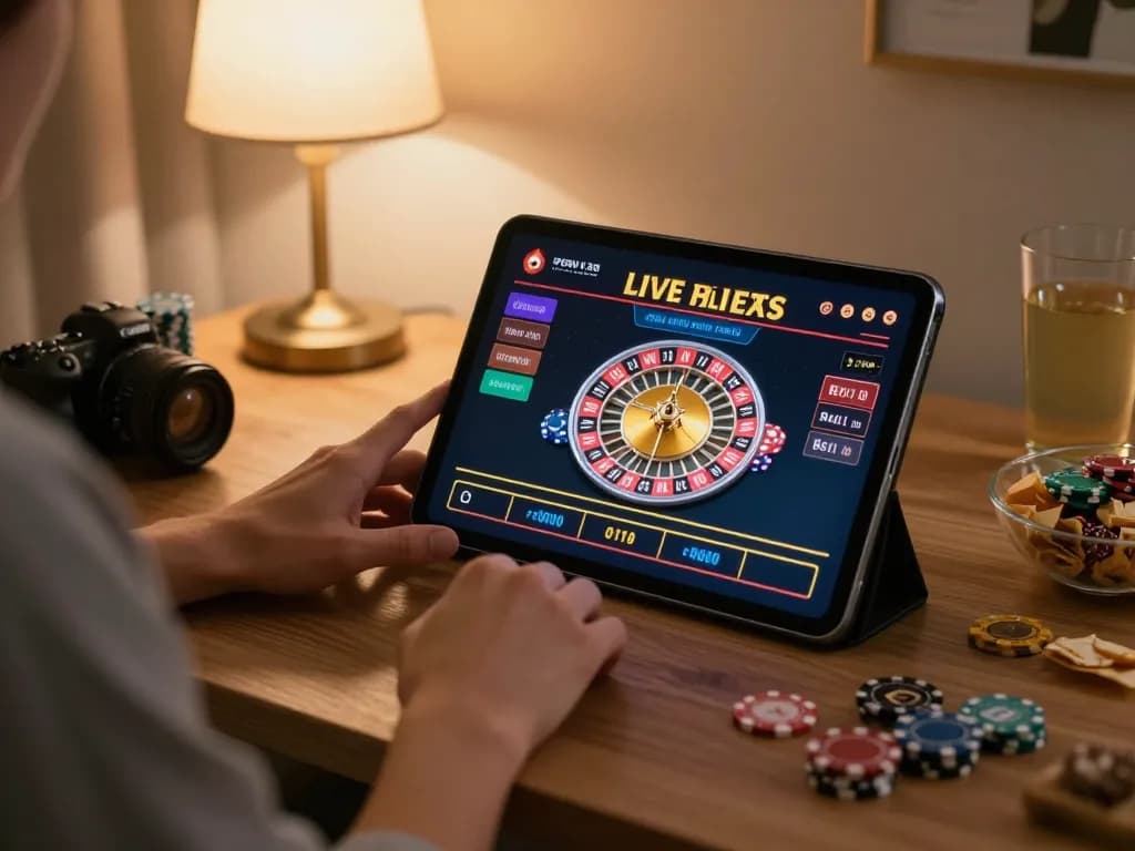 Engaging vk88 online gaming scene with a player using a tablet for live roulette gameplay in a cozy home.