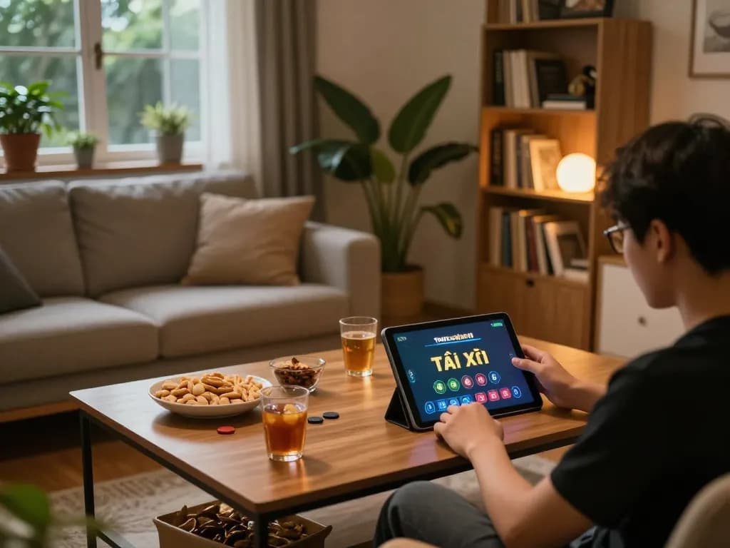 Engaged player enjoying online Tài Xỉu games at home using taixiuonline8, showcasing a relaxed gaming atmosphere.