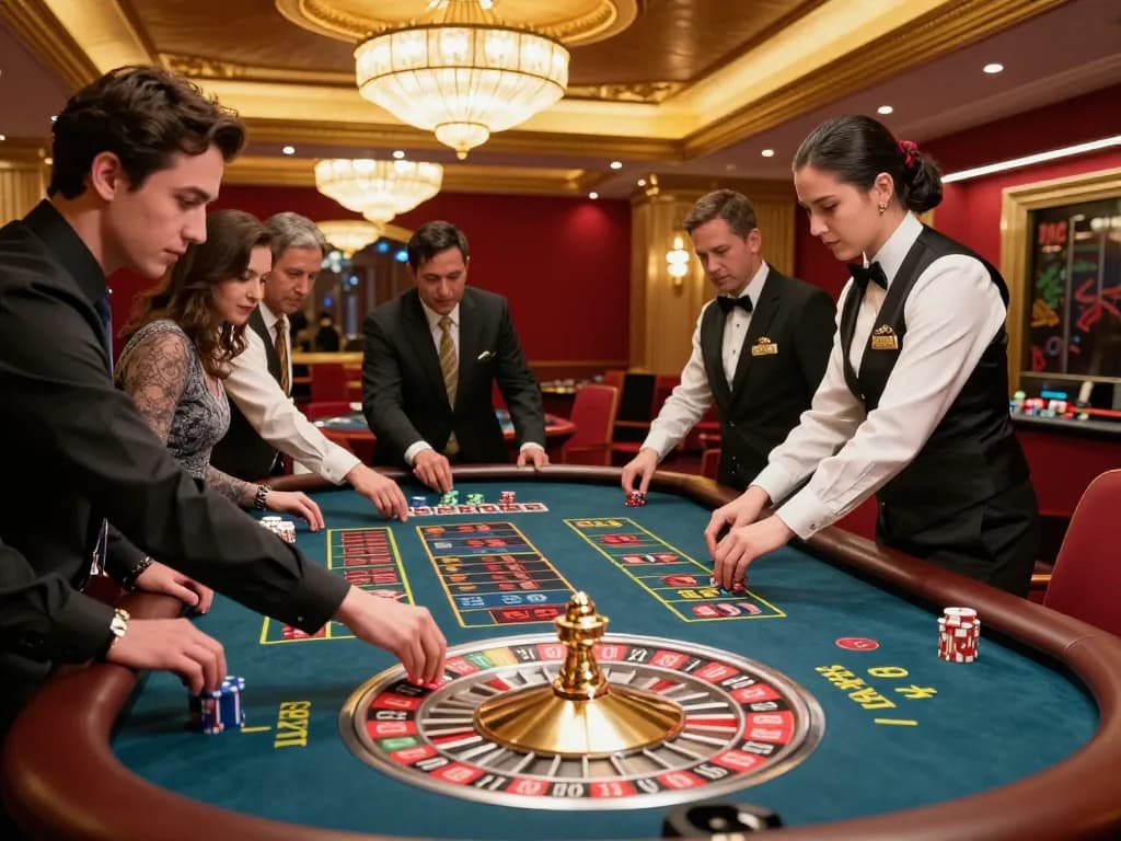 Exciting moment at a roulette table with players betting at nhà cái CM88, showing dynamic gameplay and vibrant casino atmosphere.