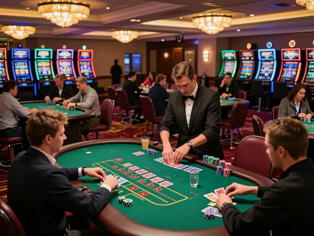 FC88 blackjack players engaged in action with dealer shuffling cards, vibrant casino atmosphere.