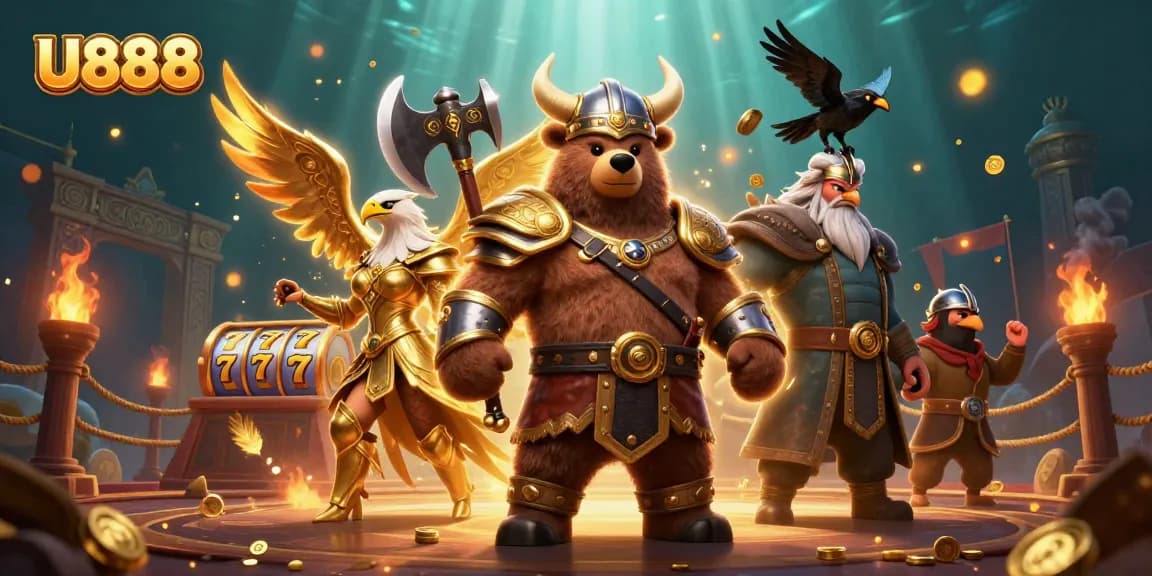 Experience thrilling gameplay at U888 with our Viking bear and Valkyrie eagle in an exciting casino scene.