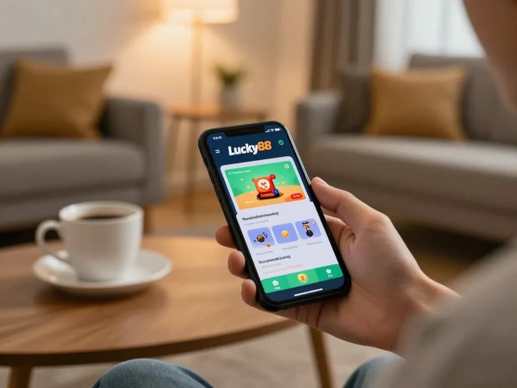 Experience the excitement of Lucky88 on a smartphone in a cozy home environment