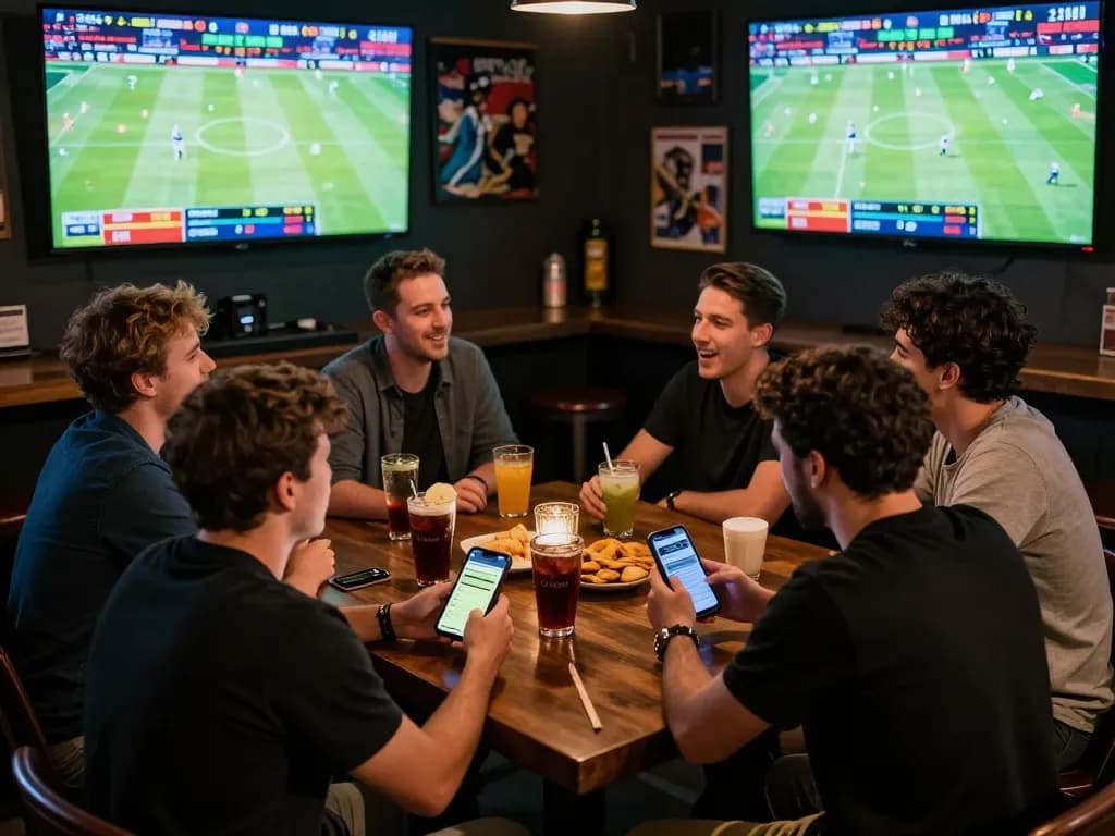 Friends engage in sports betting using the OnBet app during a live game at a bar.