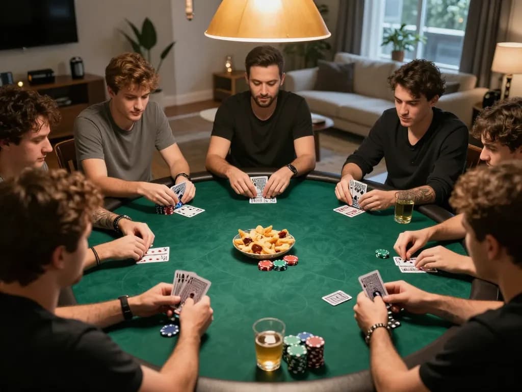 Engaging friends strategizing during a heated poker game at home with LLWIN gaming elements.