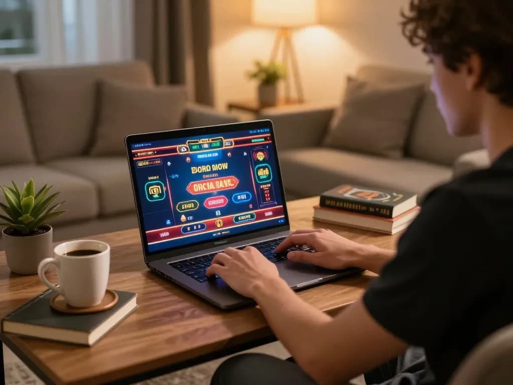 O8 player strategizing online with laptop in warm home setting