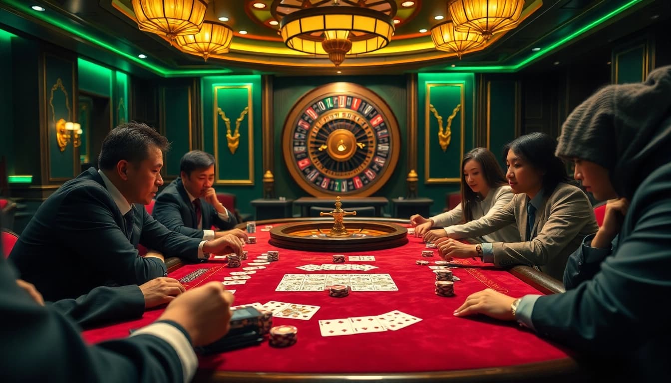 Players enjoying Game Bài Đổi Thưởng at a luxurious casino table filled with vibrant poker chips and cards.