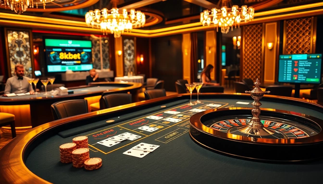 A thrilling baccarat game at 8kbet casino with players enjoying chips and cards in a luxurious setting.