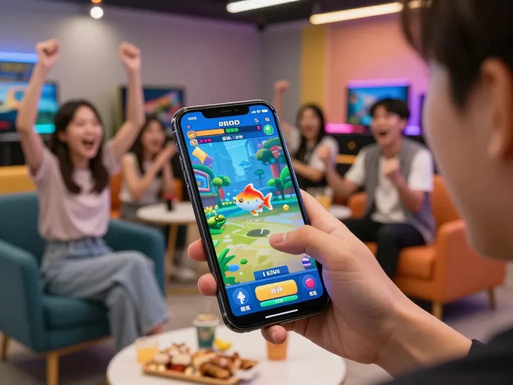 bắn cá đổi thưởng gameplay showing vibrant graphics and player excitement in a modern gaming lounge
