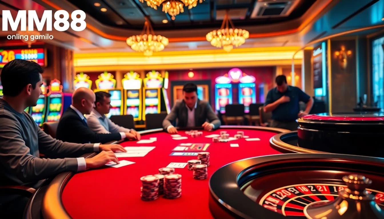 Experience thrilling gaming at MM88 with vibrant poker tables and luxurious casino ambiance.
