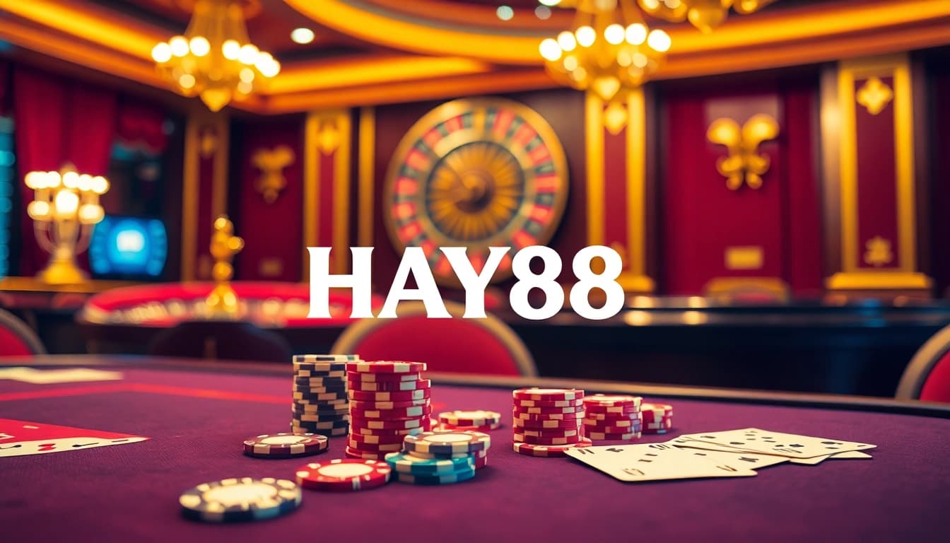 Engaging casino scene showcasing HAY88 gaming with vibrant poker chips and roulette.