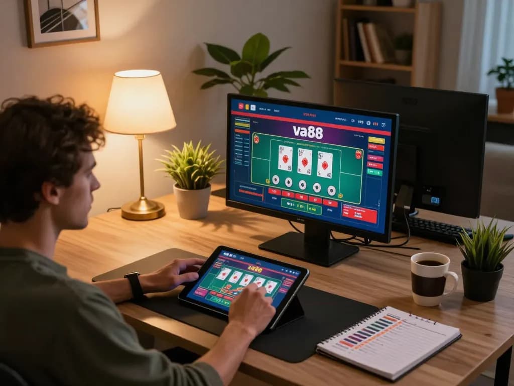 Player using the va88 app for online gambling on tablet, showing strategic gameplay at home.