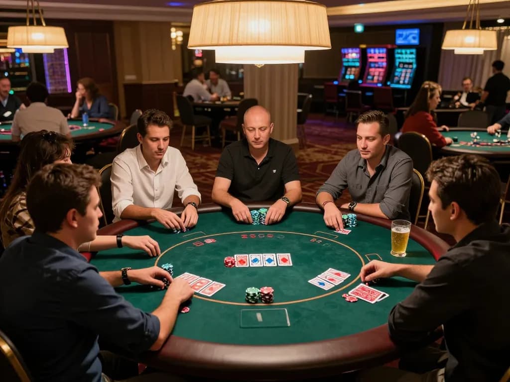 123B poker game in action at a vibrant casino, players strategizing with chips and cards.