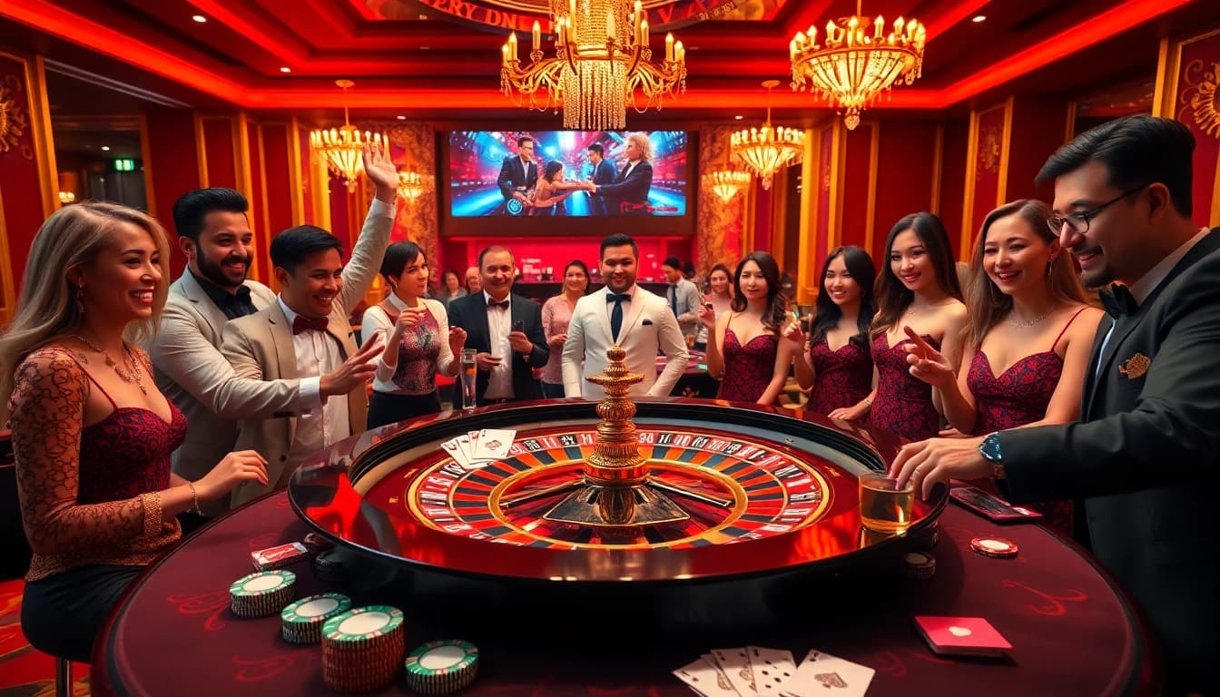 Experience thrilling casino action at https://hm88.bike/ with players celebrating wins at a roulette table.