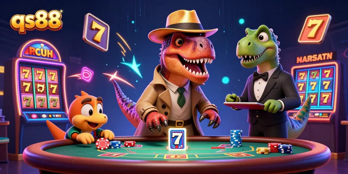 qs88 velociraptor card counter and stegosaurus pit boss at a lively blackjack table