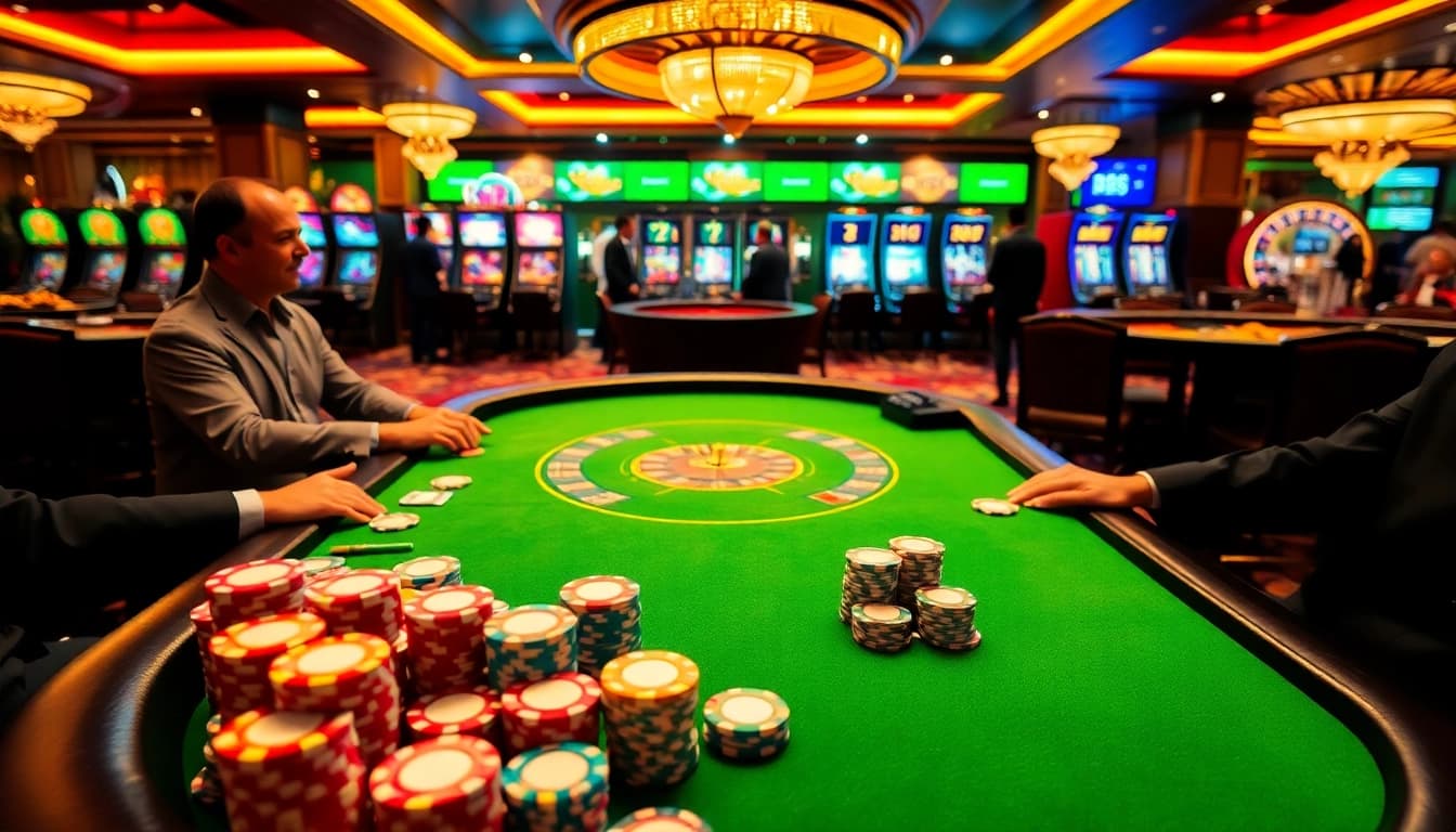 Engage with the thrilling poker scene at RR88, showcasing vibrant chips and luxury casino elements.
