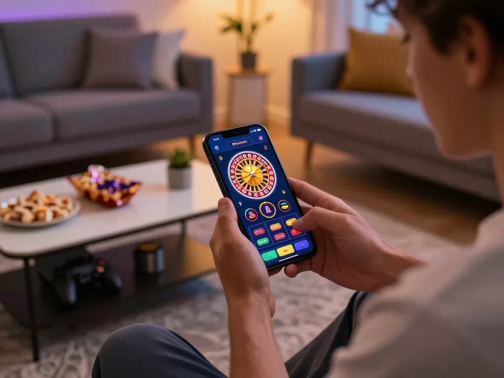 Player engaging with lc88 app on mobile device in a cozy home setting