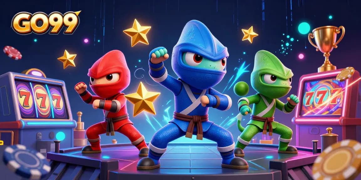 Engage in thrilling gameplay at GO99 with vibrant casino elements featuring ninja chameleons and flying slot reels.