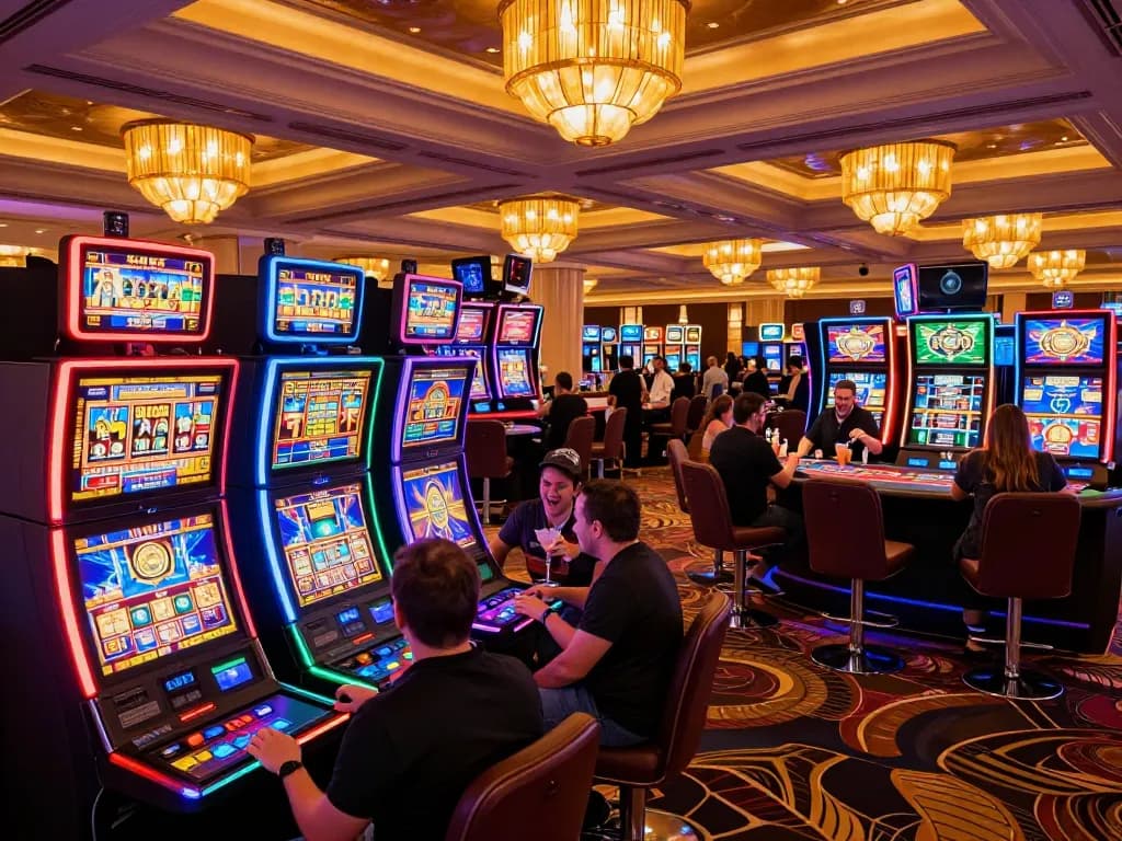 Players engage with vibrant slots at bu88 casino, capturing lively atmosphere in Vegas.